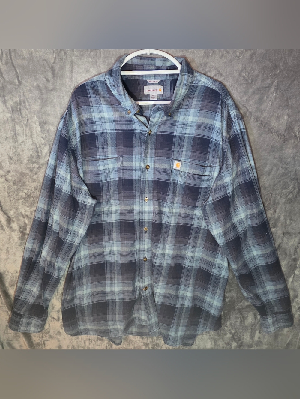 Carhartt Men's Blue and Navy Plaid Button-Down Shirt